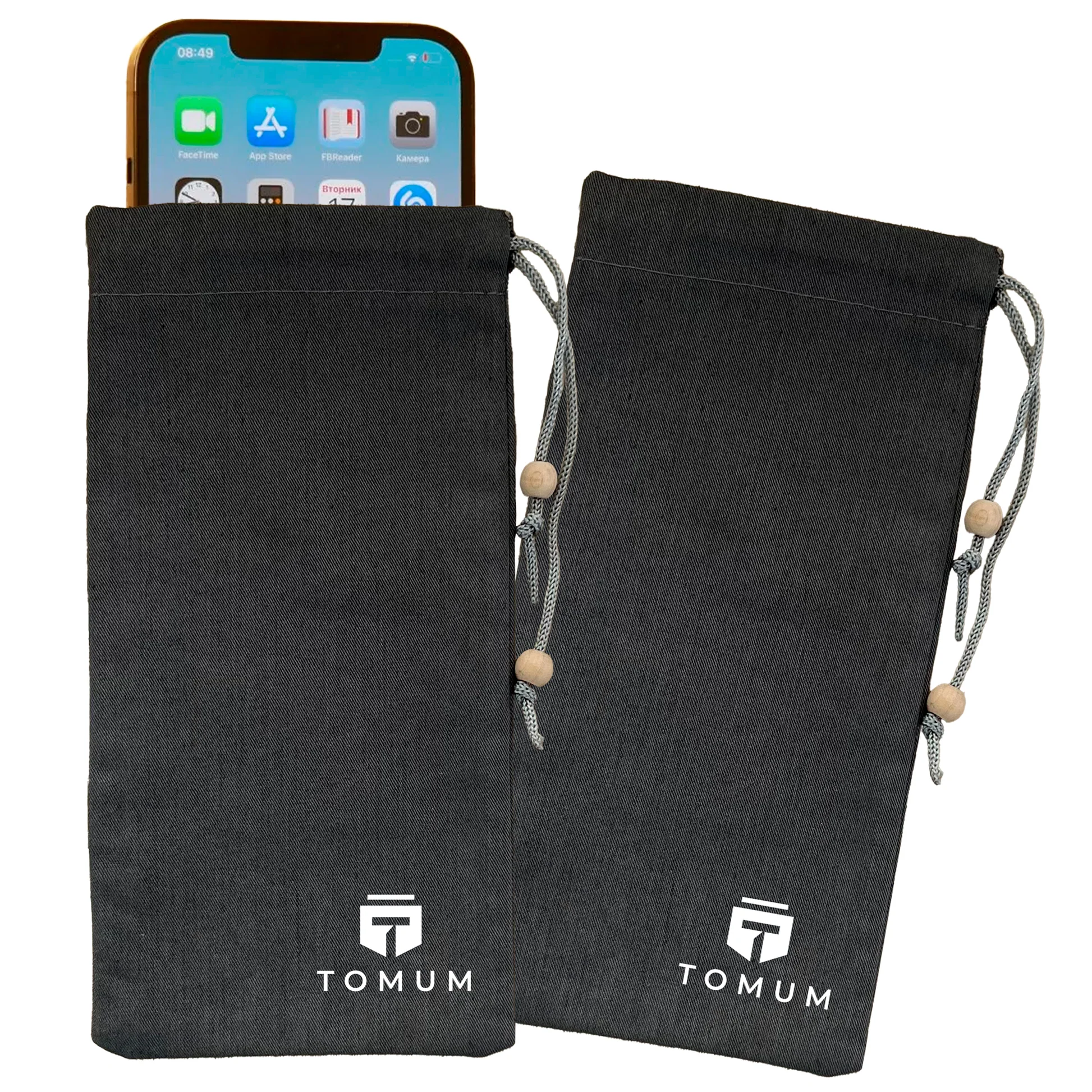 Two TOMUM phone shielding sleeves on a white background